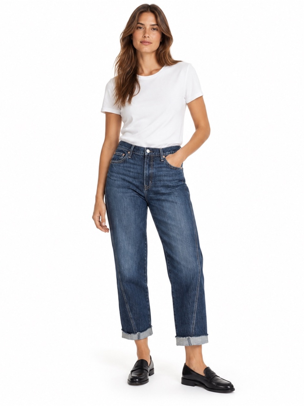 PISTOLA Kacey Mid Rise Cuffed Boyfriend Jeans Raw Hem Crop Relaxed Fit Size 30